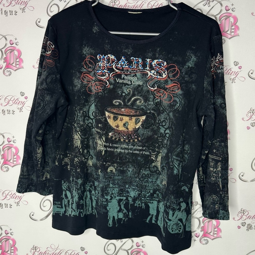 Paris Graphic Long Sleeve Top tattoo style with rhinestone bling